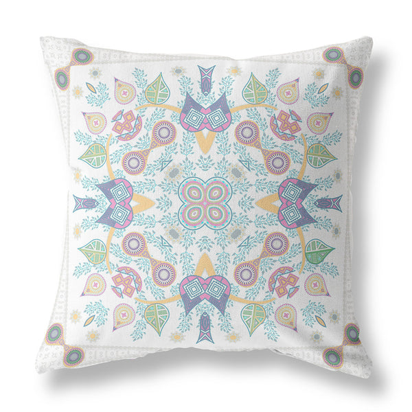 Homeroots 26" X 26" White And Green Blown Seam Floral Indoor Outdoor Throw Pillow   482107