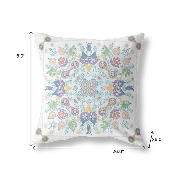 Homeroots 26" X 26" White And Green Blown Seam Floral Indoor Outdoor Throw Pillow   482107