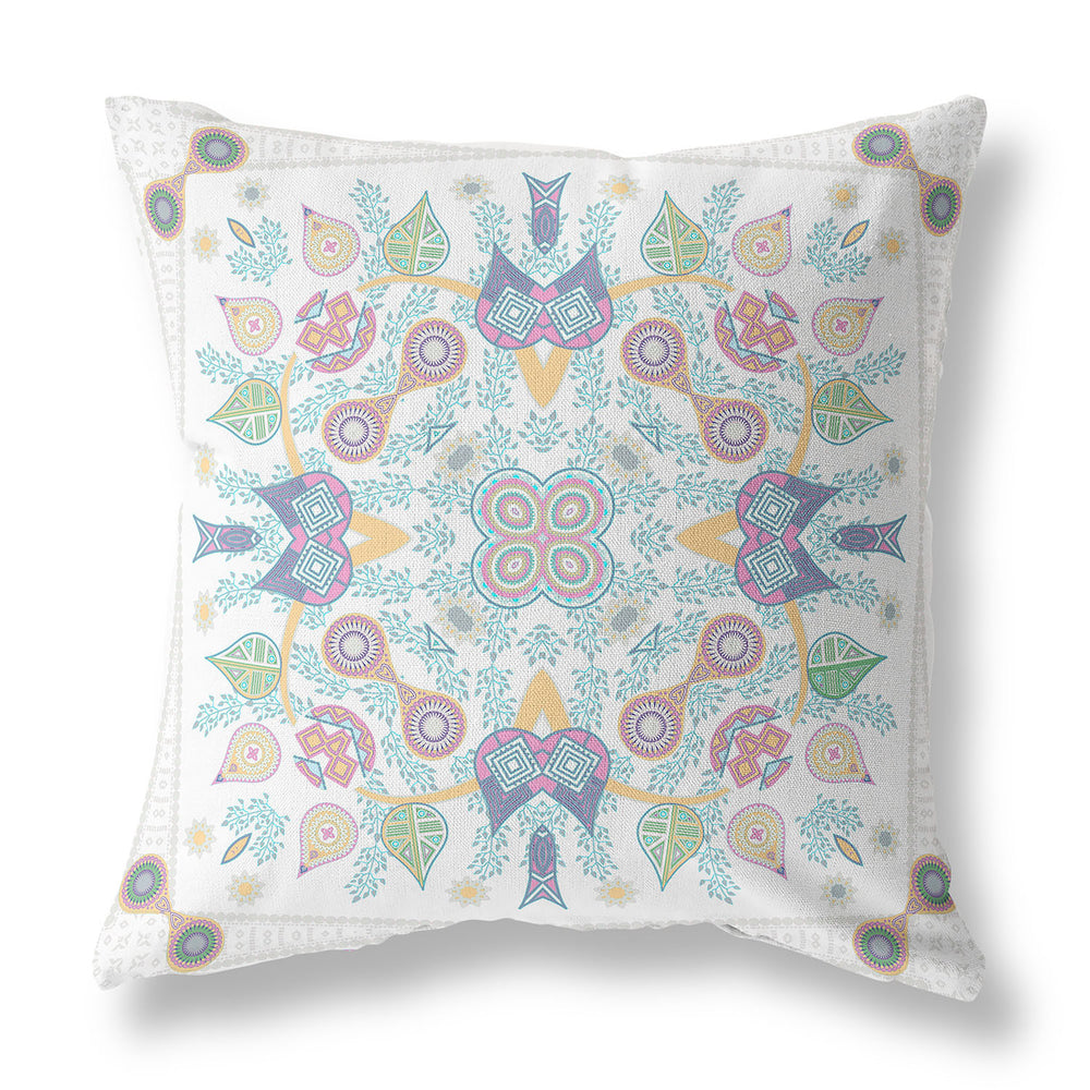 Homeroots 28" X 28" White And Green Blown Seam Floral Indoor Outdoor Throw Pillow   482108