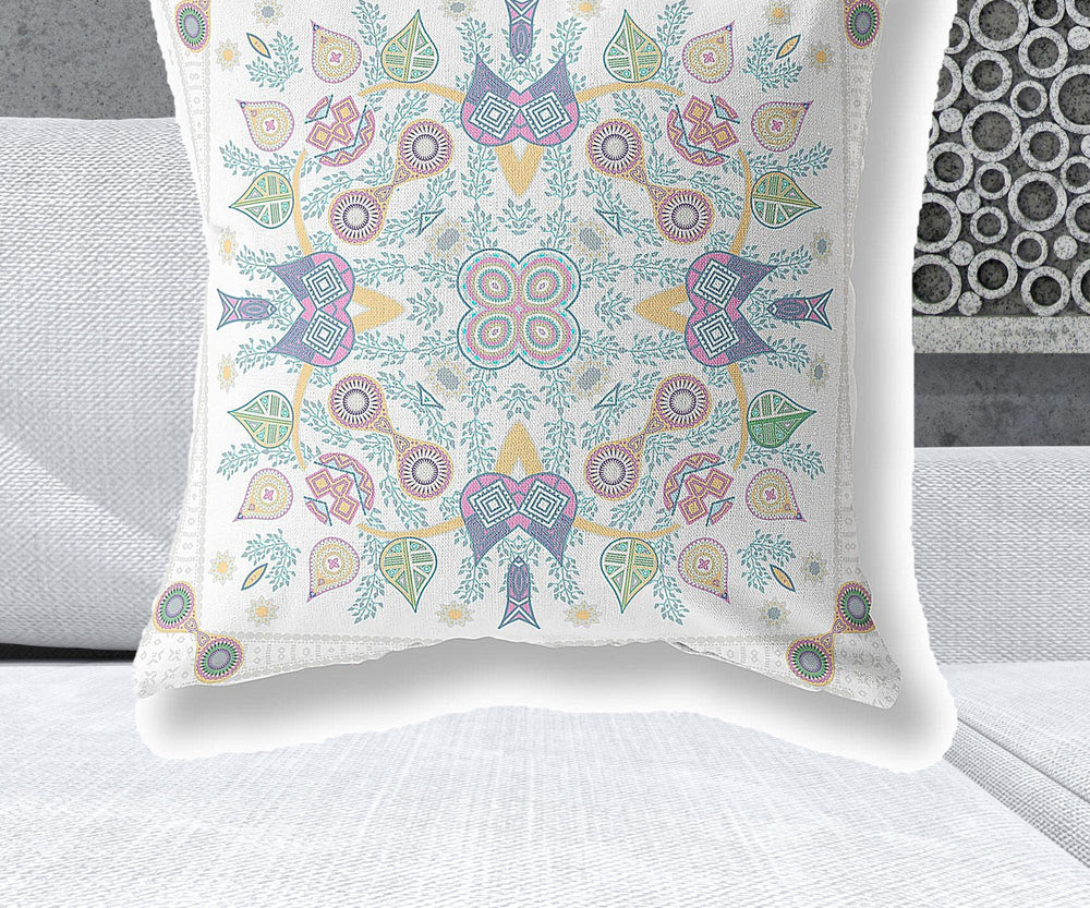 Homeroots 28" X 28" White And Green Blown Seam Floral Indoor Outdoor Throw Pillow   482108