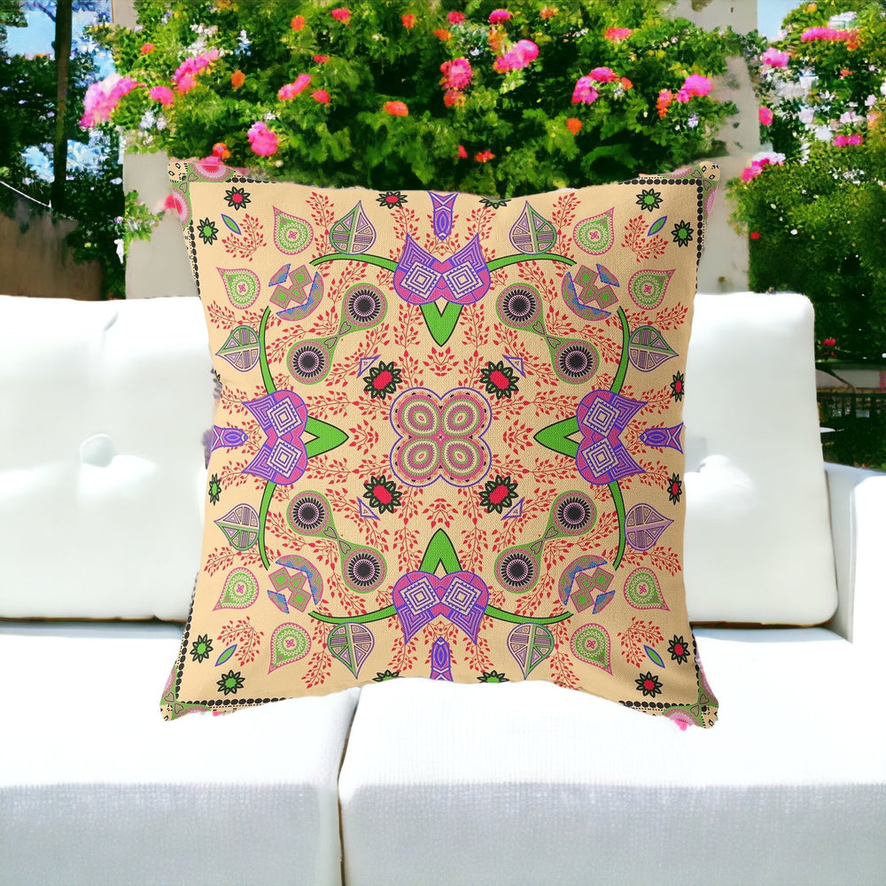 Homeroots 26" X 26" Beige And Green Blown Seam Paisley Indoor Outdoor Throw Pillow  Polyester And Cotton Blend 482112