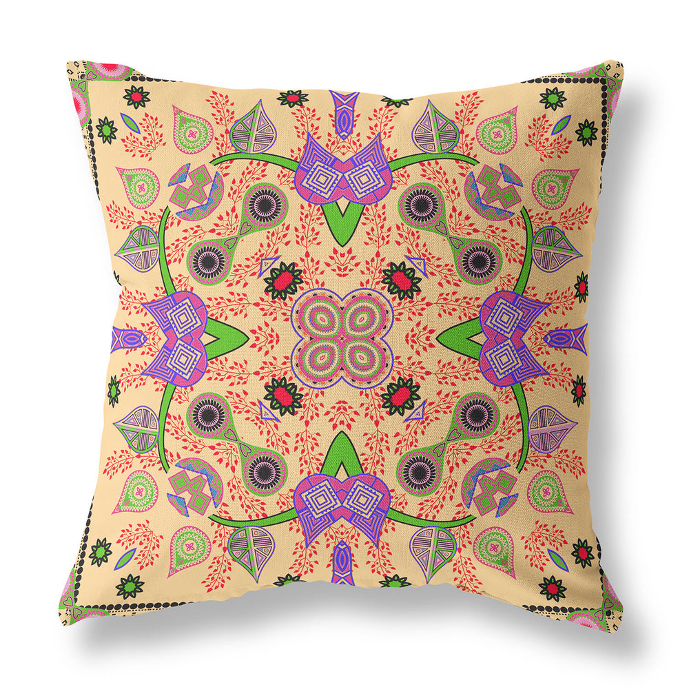 Homeroots 26" X 26" Beige And Green Blown Seam Paisley Indoor Outdoor Throw Pillow  Polyester And Cotton Blend 482112