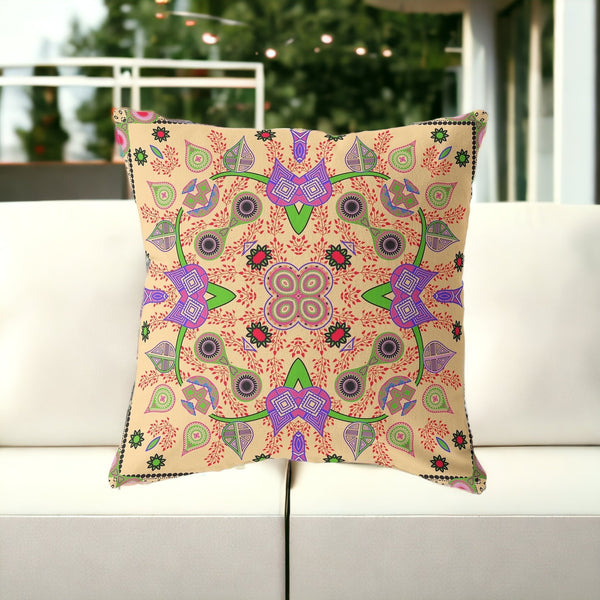 Homeroots 28" X 28" Beige And Green Blown Seam Paisley Indoor Outdoor Throw Pillow  Polyester And Cotton Blend 482113