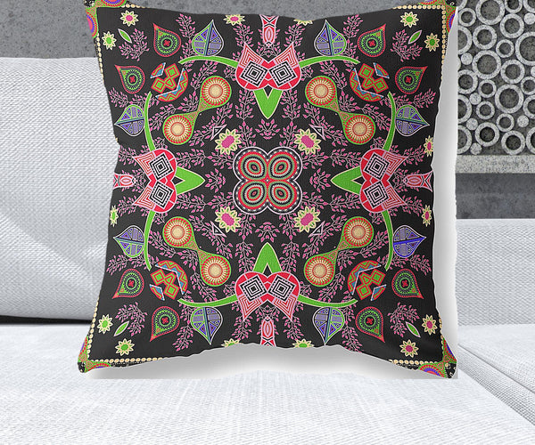 Homeroots 26" X 26" Black And Pink Blown Seam Paisley Indoor Outdoor Throw Pillow   482117