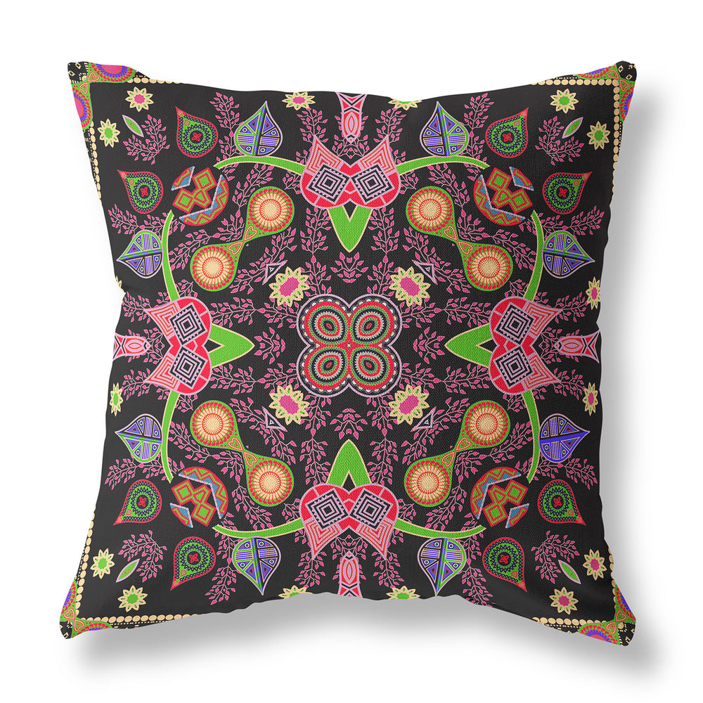 Homeroots 26" X 26" Black And Pink Blown Seam Paisley Indoor Outdoor Throw Pillow   482117