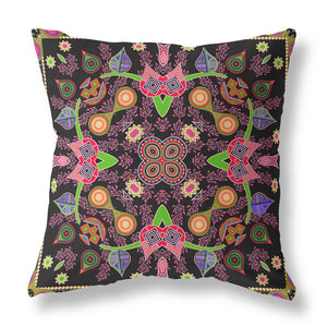 Homeroots 26" X 26" Black And Pink Blown Seam Paisley Indoor Outdoor Throw Pillow   482117