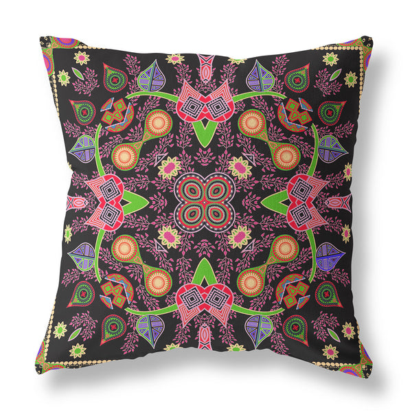 Homeroots 26" X 26" Black And Pink Blown Seam Paisley Indoor Outdoor Throw Pillow   482117