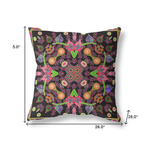Homeroots 26" X 26" Black And Pink Blown Seam Paisley Indoor Outdoor Throw Pillow   482117