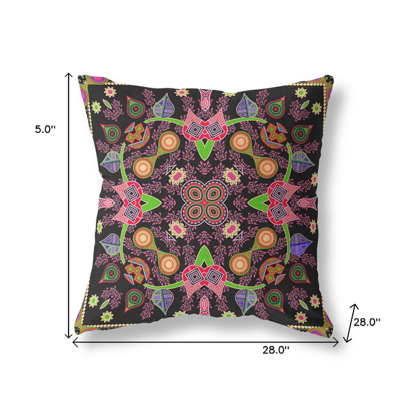 Homeroots 28" X 28" Black And Pink Blown Seam Paisley Indoor Outdoor Throw Pillow   482118