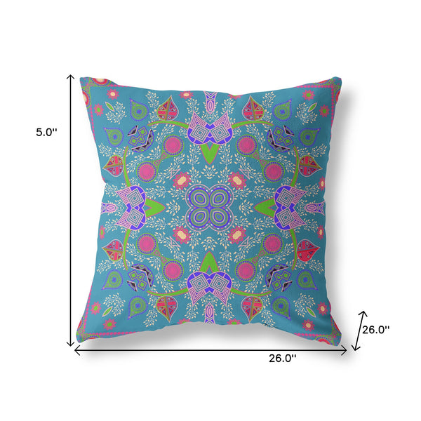 Homeroots 26" X 26" Blue And Green Blown Seam Paisley Indoor Outdoor Throw Pillow   482122