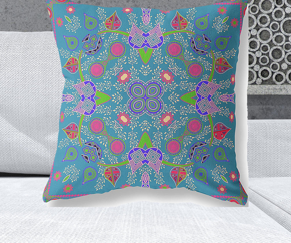 Homeroots 26" X 26" Blue And Green Blown Seam Paisley Indoor Outdoor Throw Pillow   482122
