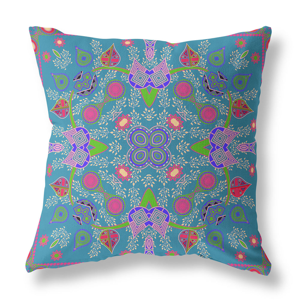 Homeroots 28" X 28" Blue And Green Blown Seam Paisley Indoor Outdoor Throw Pillow   482123