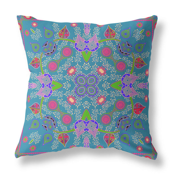 Homeroots 28" X 28" Blue And Green Blown Seam Paisley Indoor Outdoor Throw Pillow   482123