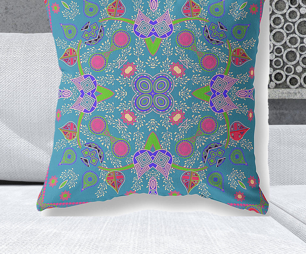Homeroots 28" X 28" Blue And Green Blown Seam Paisley Indoor Outdoor Throw Pillow   482123