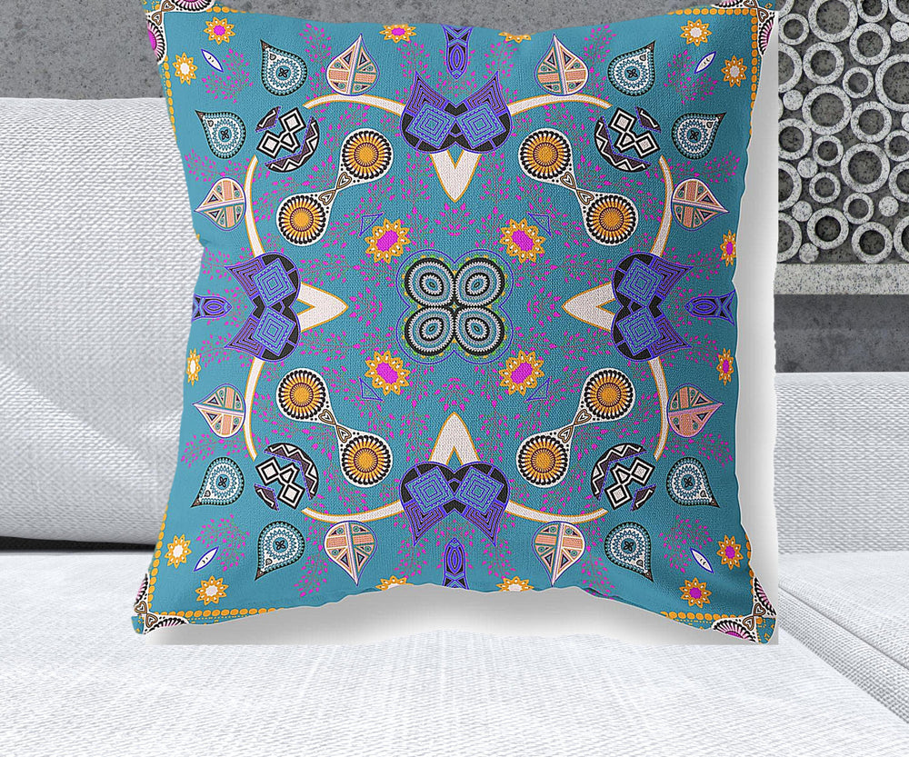 Homeroots 26" X 26" Blue And Gold Blown Seam Paisley Indoor Outdoor Throw Pillow   482127