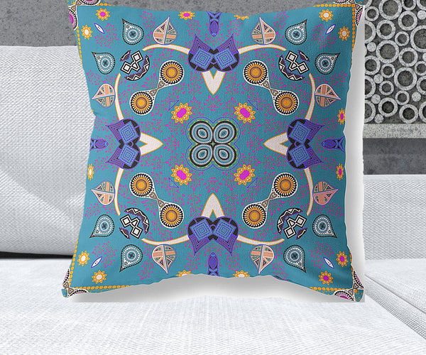 Homeroots 26" X 26" Blue And Gold Blown Seam Paisley Indoor Outdoor Throw Pillow   482127