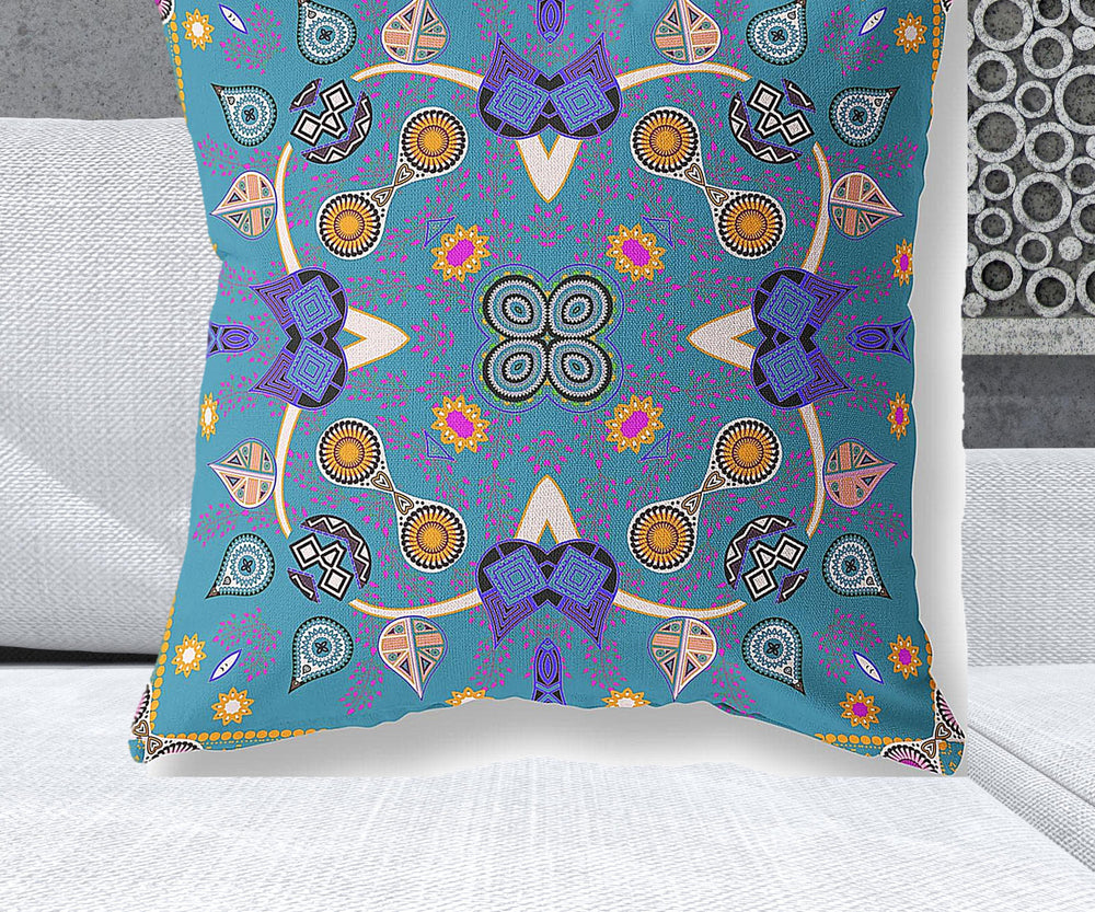 Homeroots 28" X 28" Blue And Gold Blown Seam Paisley Indoor Outdoor Throw Pillow   482128