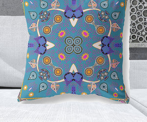 Homeroots 28" X 28" Blue And Gold Blown Seam Paisley Indoor Outdoor Throw Pillow   482128