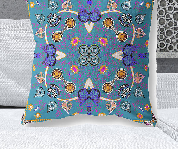 Homeroots 28" X 28" Blue And Gold Blown Seam Paisley Indoor Outdoor Throw Pillow   482128