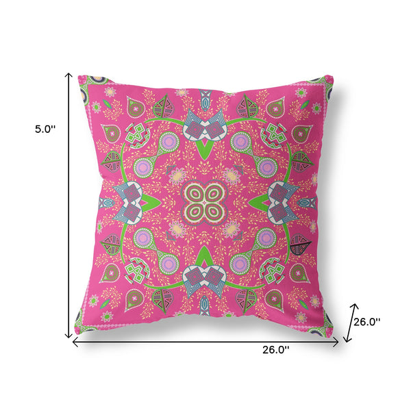 Homeroots 26" X 26" Hot Pink Blown Seam Paisley Indoor Outdoor Throw Pillow   482132