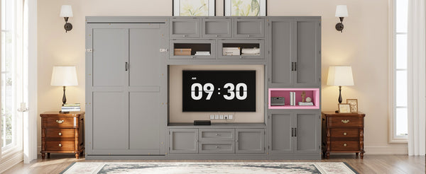 English Elm Twin Murphy Wall Bed with Integrated Tv Stand Open Shelving and Cabinet Storage LP000768AAE