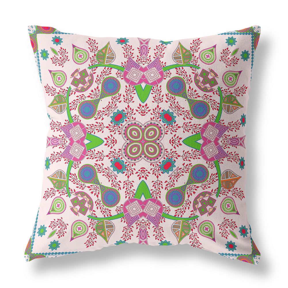 Homeroots 26" X 26" Pink And Green Blown Seam Paisley Indoor Outdoor Throw Pillow  Polyester And Cotton Blend 482137