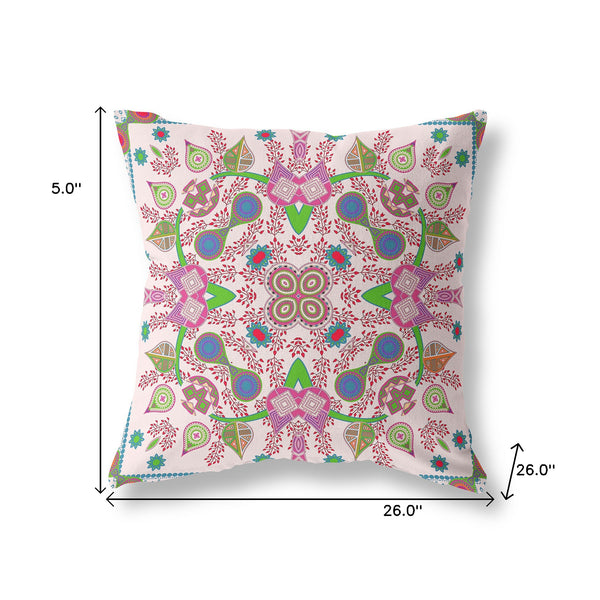 Homeroots 26" X 26" Pink And Green Blown Seam Paisley Indoor Outdoor Throw Pillow  Polyester And Cotton Blend 482137