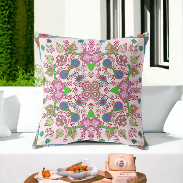 Homeroots 26" X 26" Pink And Green Blown Seam Paisley Indoor Outdoor Throw Pillow  Polyester And Cotton Blend 482137