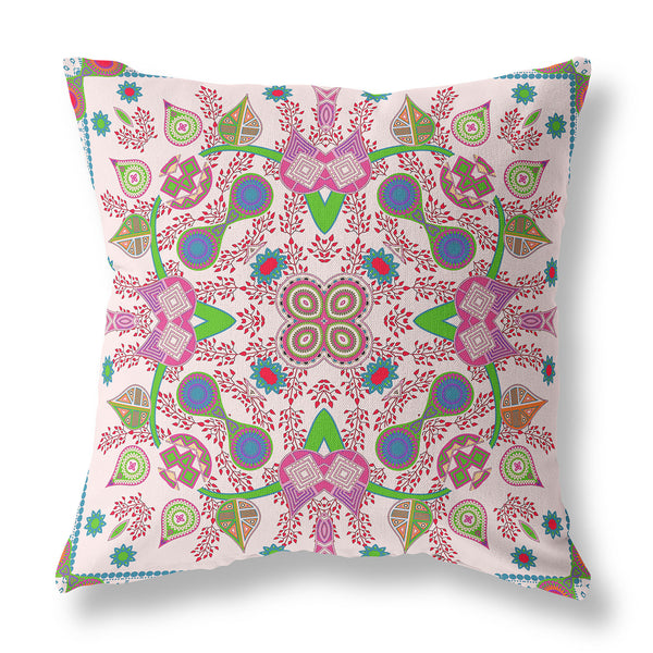 Homeroots 28" X 28" Pink And Green Blown Seam Paisley Indoor Outdoor Throw Pillow  Polyester And Cotton Blend 482138