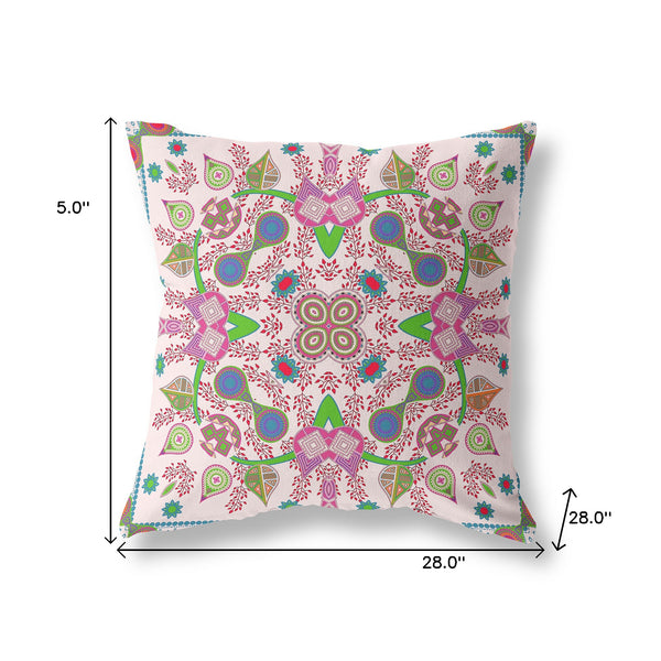 Homeroots 28" X 28" Pink And Green Blown Seam Paisley Indoor Outdoor Throw Pillow  Polyester And Cotton Blend 482138