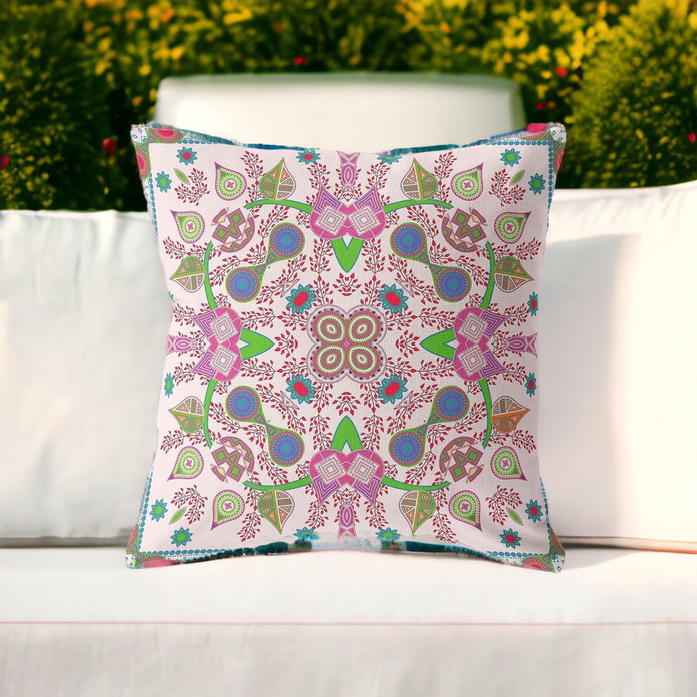 Homeroots 28" X 28" Pink And Green Blown Seam Paisley Indoor Outdoor Throw Pillow  Polyester And Cotton Blend 482138
