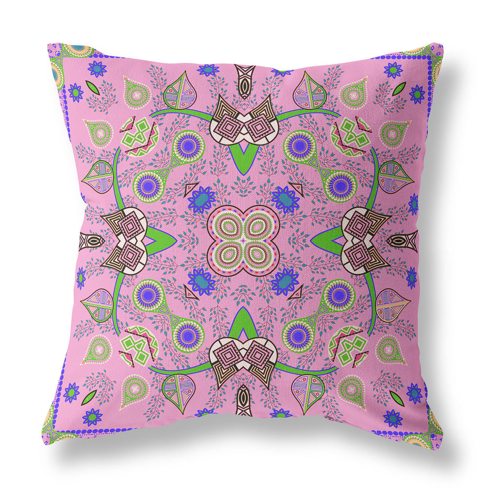 Homeroots 26" X 26" Pink And Green Blown Seam Floral Indoor Outdoor Throw Pillow   482142