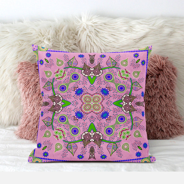 Homeroots 28" X 28" Pink And Green Blown Seam Floral Indoor Outdoor Throw Pillow   482143