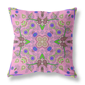 Homeroots 28" X 28" Pink And Green Blown Seam Floral Indoor Outdoor Throw Pillow   482143