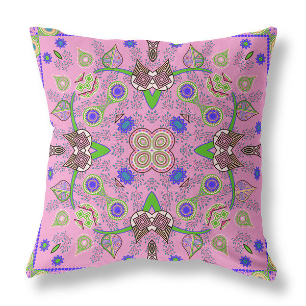 Homeroots 28" X 28" Pink And Green Blown Seam Floral Indoor Outdoor Throw Pillow   482143