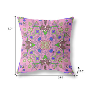 Homeroots 28" X 28" Pink And Green Blown Seam Floral Indoor Outdoor Throw Pillow   482143