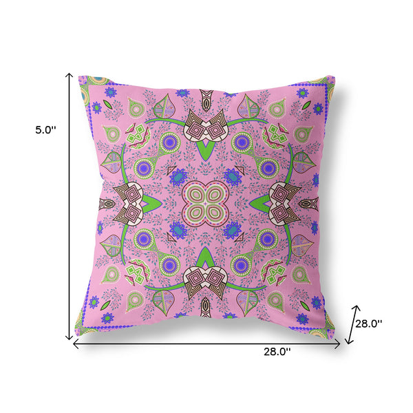 Homeroots 28" X 28" Pink And Green Blown Seam Floral Indoor Outdoor Throw Pillow   482143