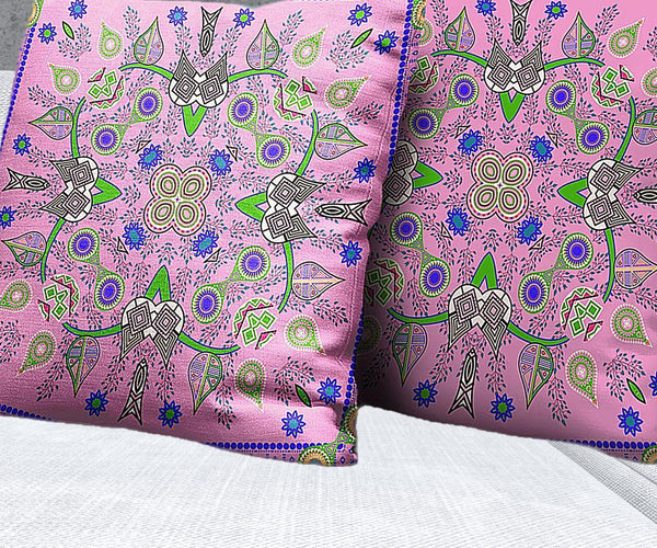 Homeroots 28" X 28" Pink And Green Blown Seam Floral Indoor Outdoor Throw Pillow   482143