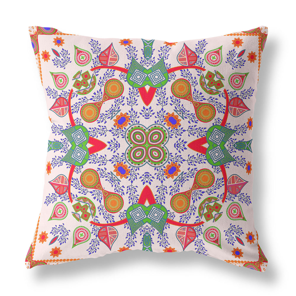 Homeroots 26" X 26" White And Orange Blown Seam Floral Indoor Outdoor Throw Pillow   482152