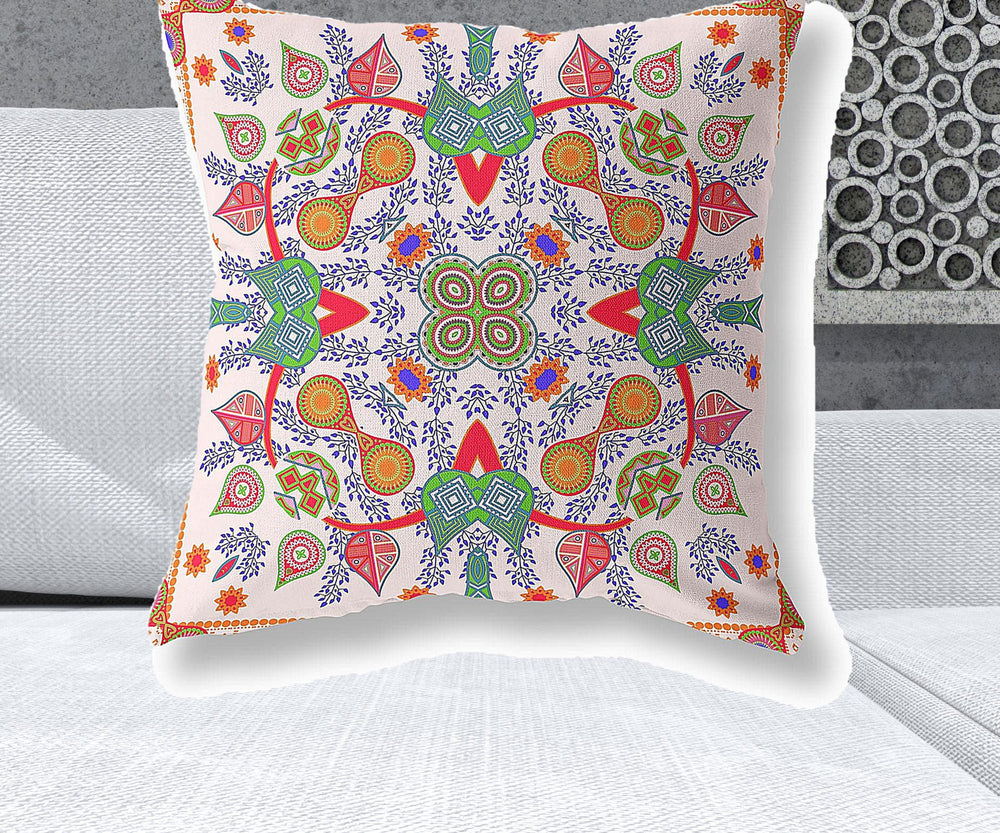 Homeroots 26" X 26" White And Orange Blown Seam Floral Indoor Outdoor Throw Pillow   482152