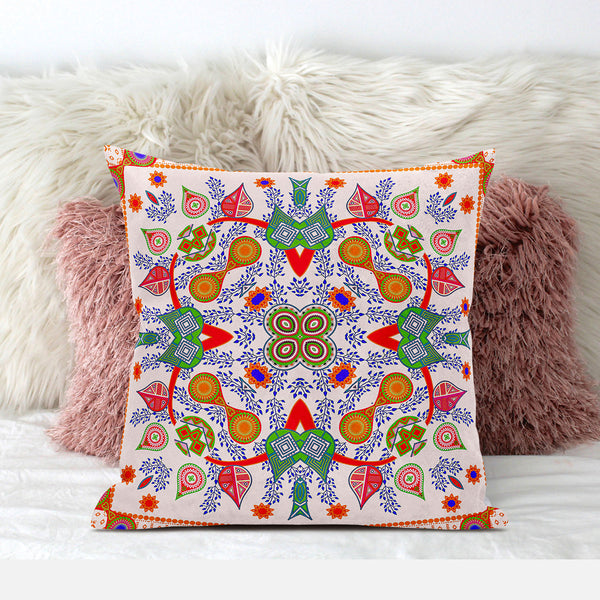 Homeroots 28" X 28" White And Orange Blown Seam Floral Indoor Outdoor Throw Pillow   482153