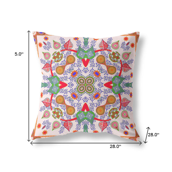 Homeroots 28" X 28" White And Orange Blown Seam Floral Indoor Outdoor Throw Pillow   482153