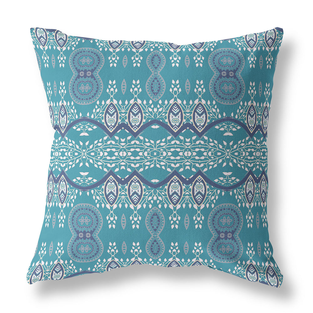 Homeroots 26" X 26" Aqua Blue Blown Seam Paisley Indoor Outdoor Throw Pillow   482157