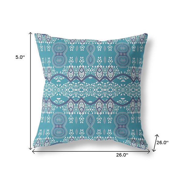 Homeroots 26" X 26" Aqua Blue Blown Seam Paisley Indoor Outdoor Throw Pillow   482157