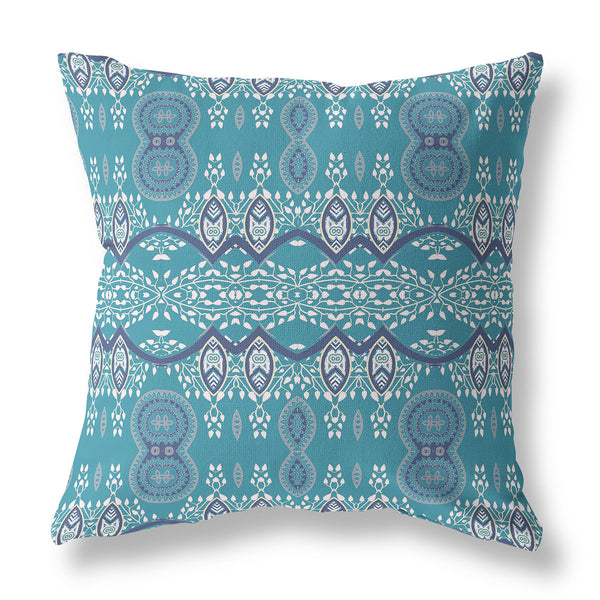 Homeroots 28" X 28" Aqua Blue Blown Seam Paisley Indoor Outdoor Throw Pillow   482158