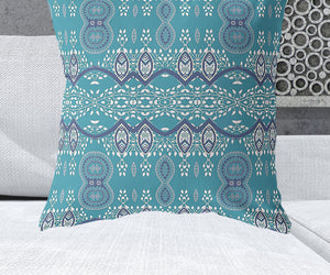 Homeroots 28" X 28" Aqua Blue Blown Seam Paisley Indoor Outdoor Throw Pillow   482158