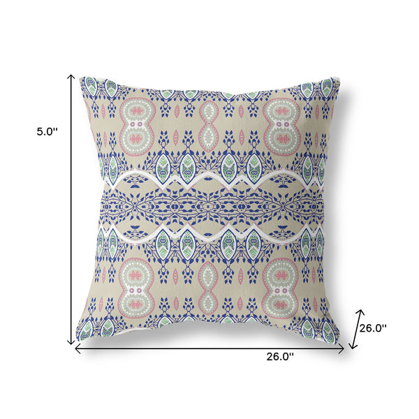 Homeroots 26" X 26" Beige And White Blown Seam Paisley Indoor Outdoor Throw Pillow   482162