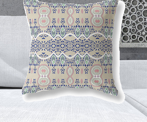Homeroots 26" X 26" Beige And White Blown Seam Paisley Indoor Outdoor Throw Pillow   482162