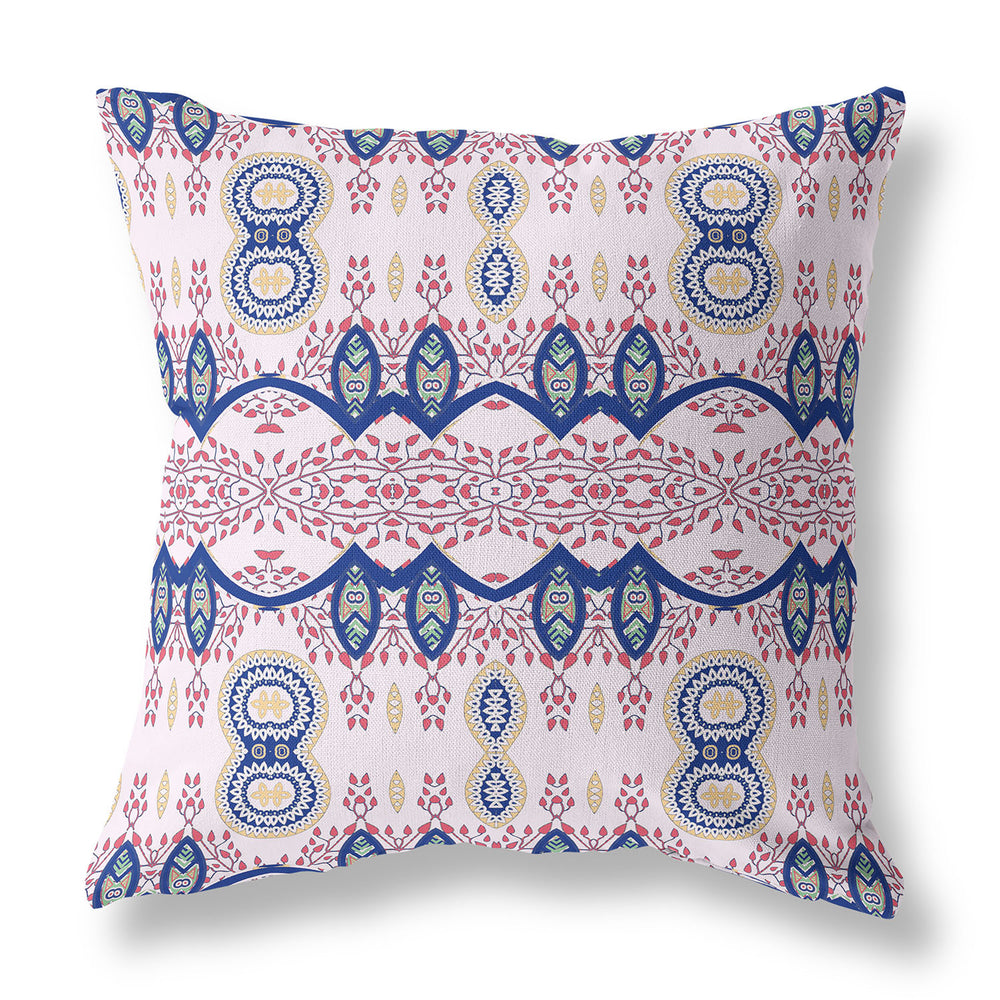 Homeroots 26" X 26" White And Blue Blown Seam Paisley Indoor Outdoor Throw Pillow   482197