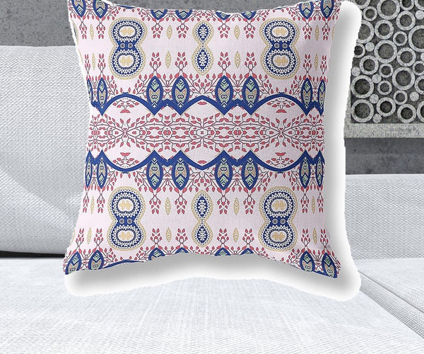 Homeroots 26" X 26" White And Blue Blown Seam Paisley Indoor Outdoor Throw Pillow   482197